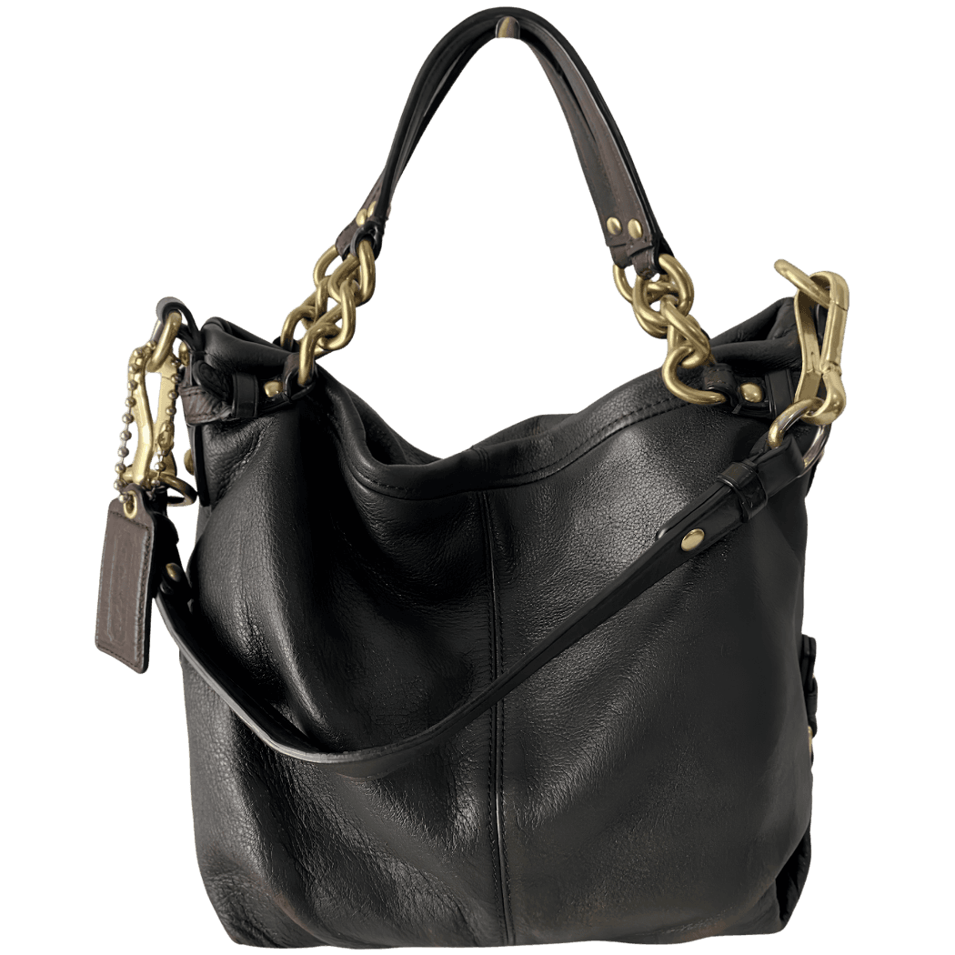 Vintage 2009 Coach distressed black and brown leather hobo shoulder bag
