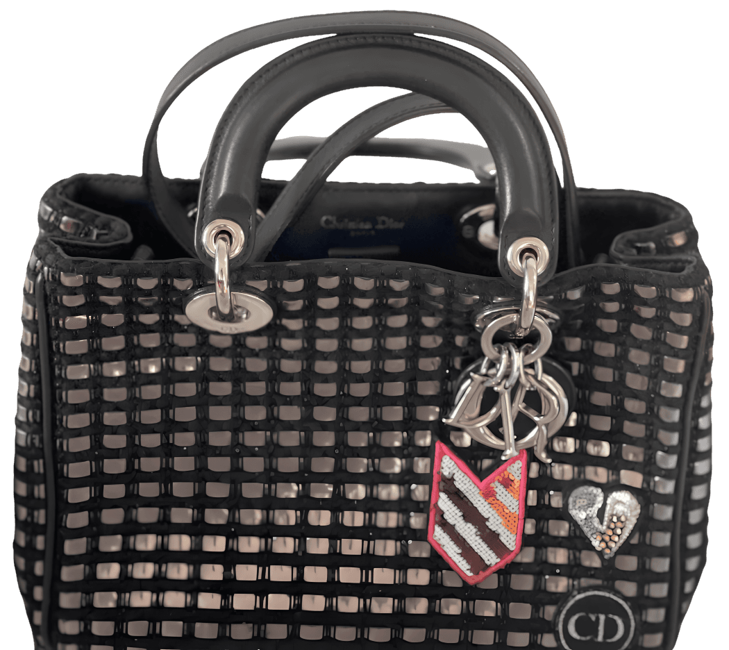 2015 Dior black metallic woven tweed Diorissimo-style tote with lambskin trim