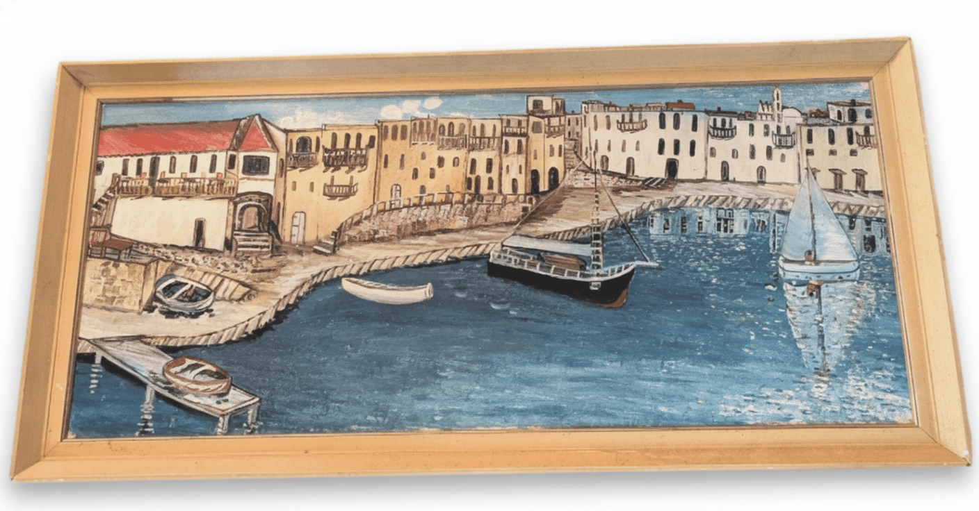 1952 mid century folk art primitive oil painting of a harbor on Masonite