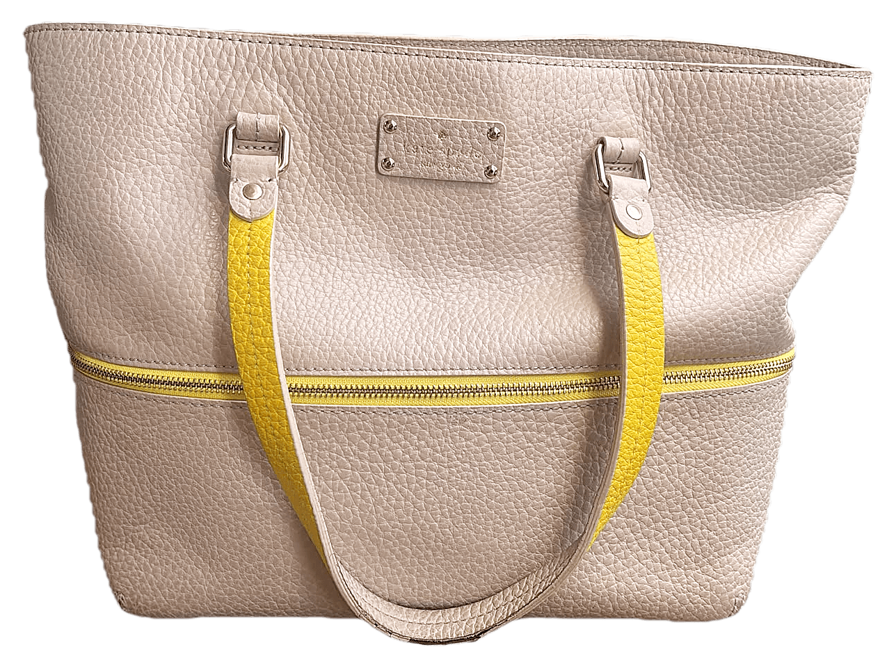 2022 Kate Spade cream pebbled leather tote with yellow handles and yellow front zip